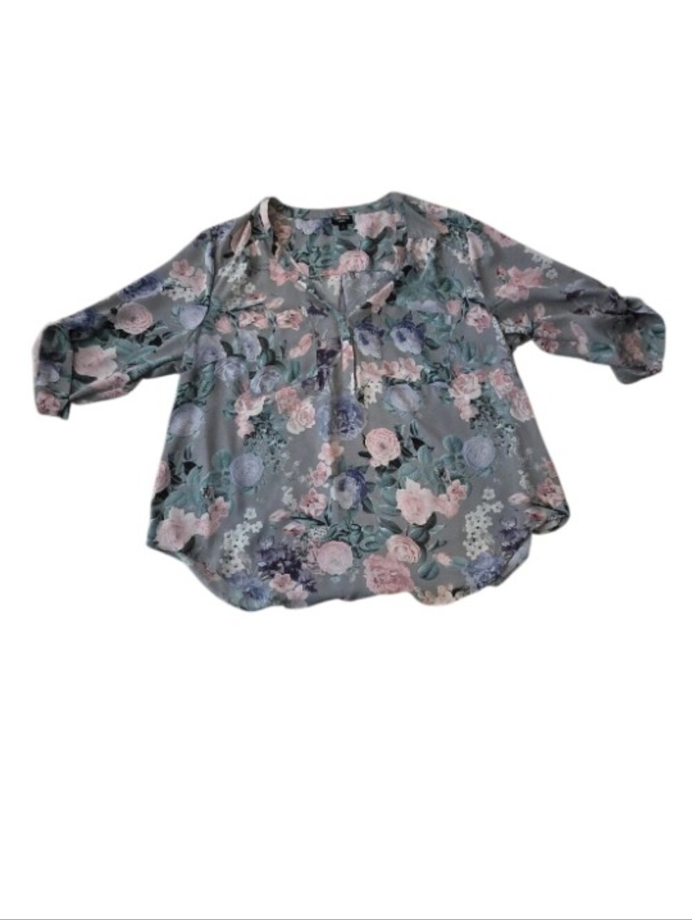 torrid Floral Blouse in Gray with Pink and Blue Flowers - Picture 5 of 8